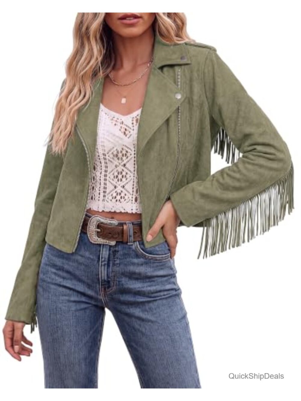 Faux Suede Fringe Cropped Moto Jacket Zip Up Western Style